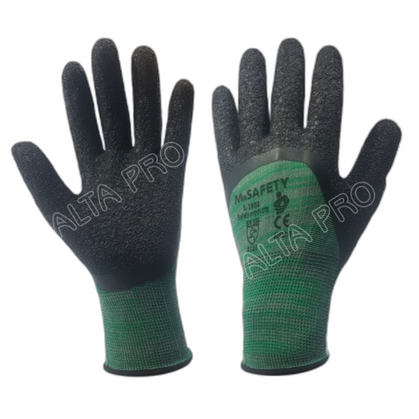 GT051010 
Gant tricoté nylon vert enduit 3/4 en latex crêpé noir