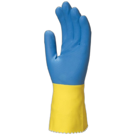 GT070807 
Gant ménage floqué en latex naturel bicolore bleu / jaune