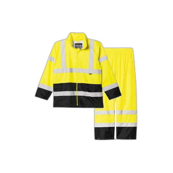 HT040850 Ensemble imperméable hi-viz polyster 300 D/PU jaune-bleu marine